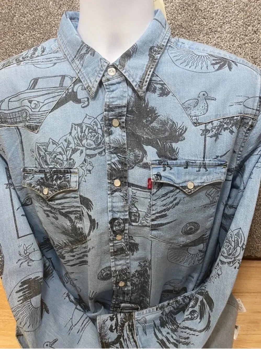 Levis The Western Standard Fit Mens Large Denim Pearl Snap All Over Print Cowboy